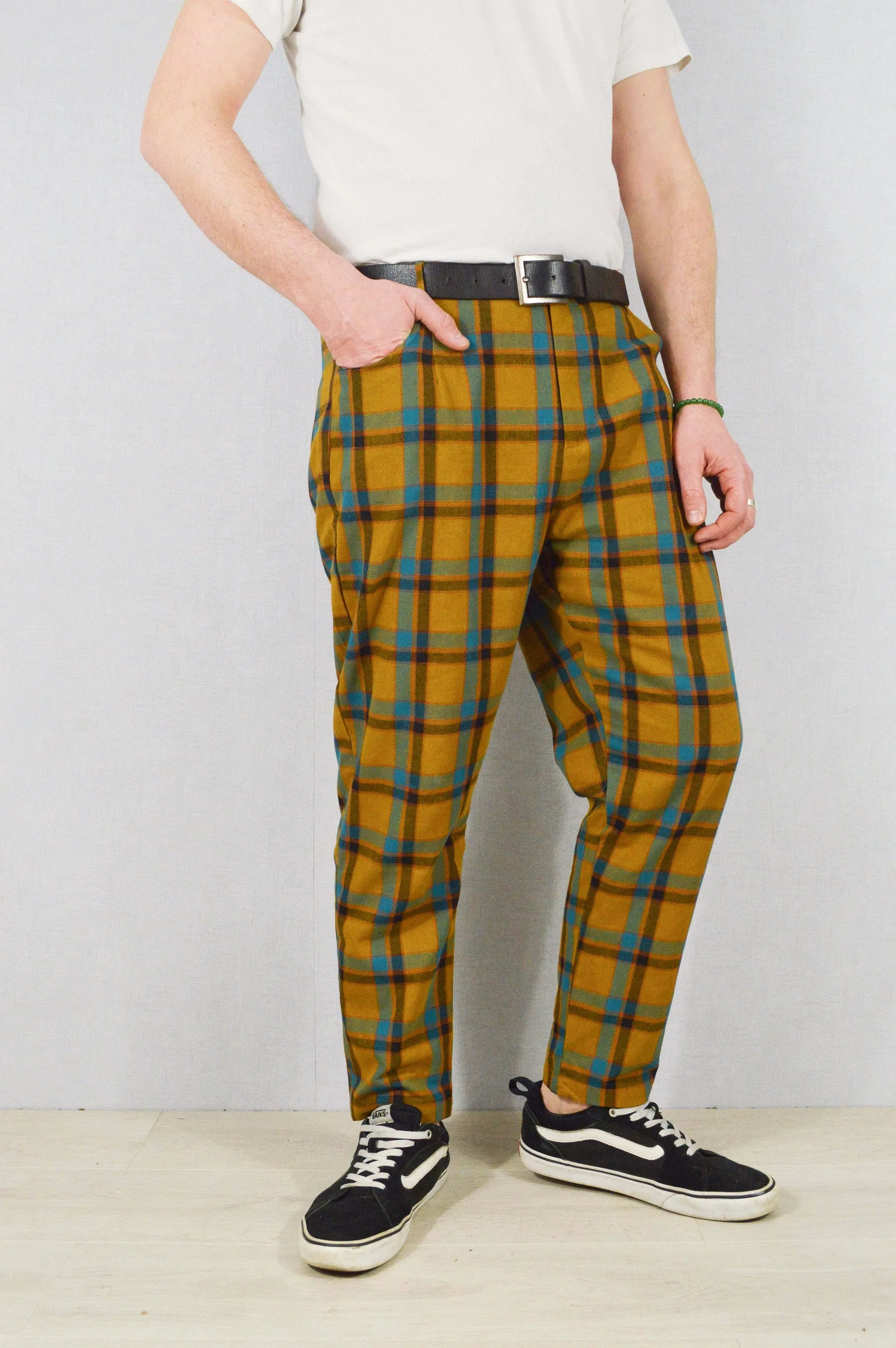 Slim Fit Tartan Check Trousers Mustard & Blue
