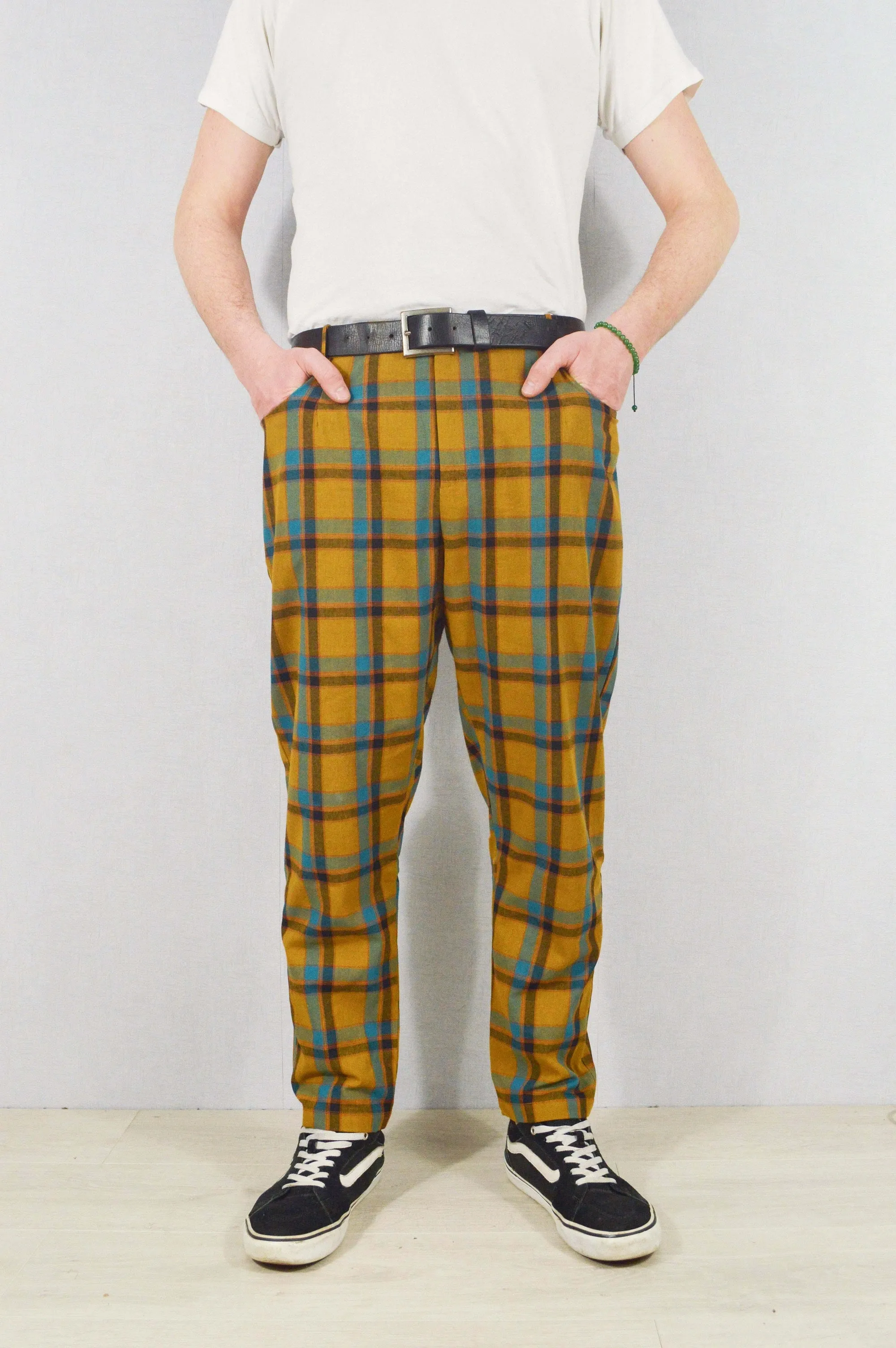 Slim Fit Tartan Check Trousers Mustard & Blue