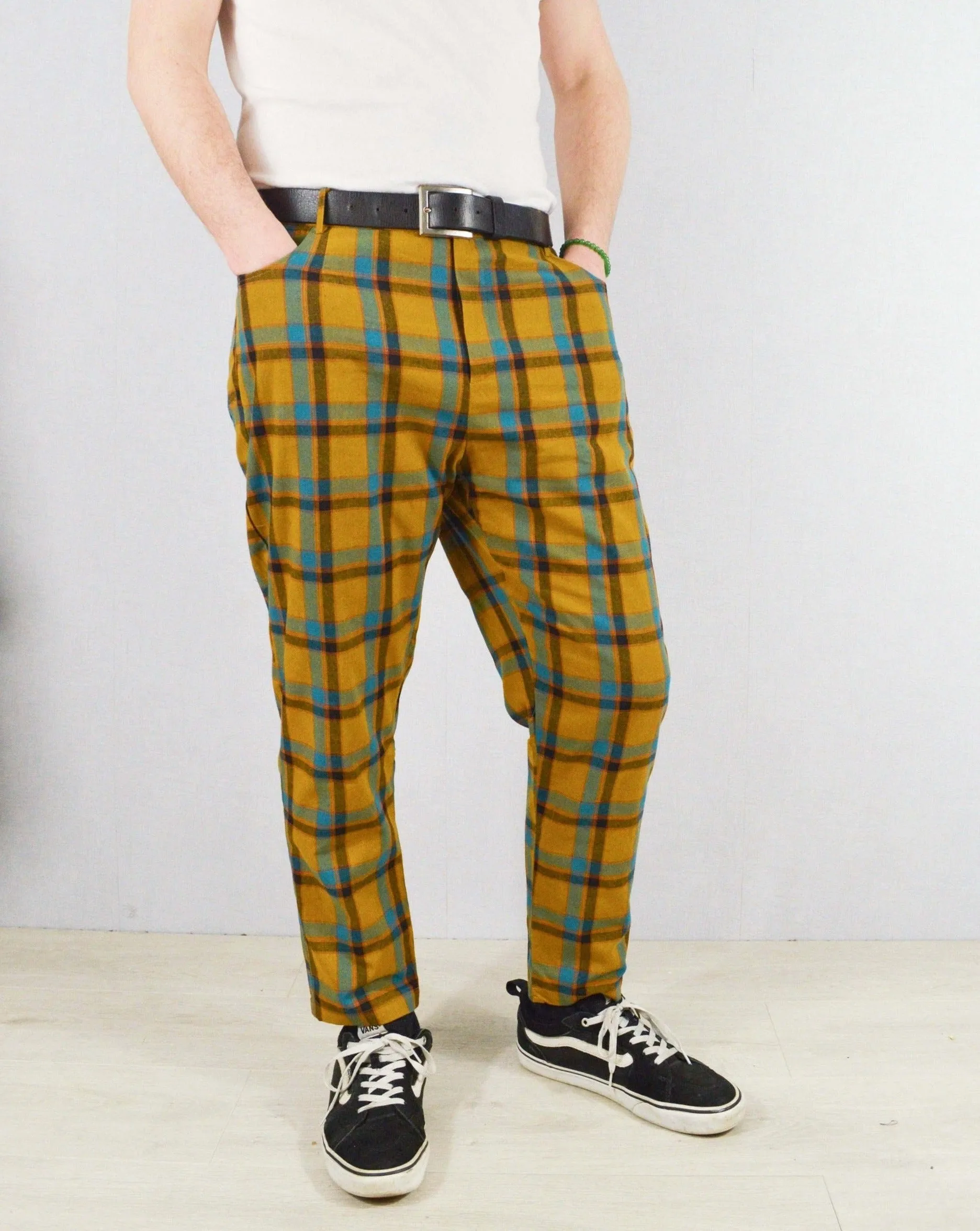 Slim Fit Tartan Check Trousers Mustard & Blue