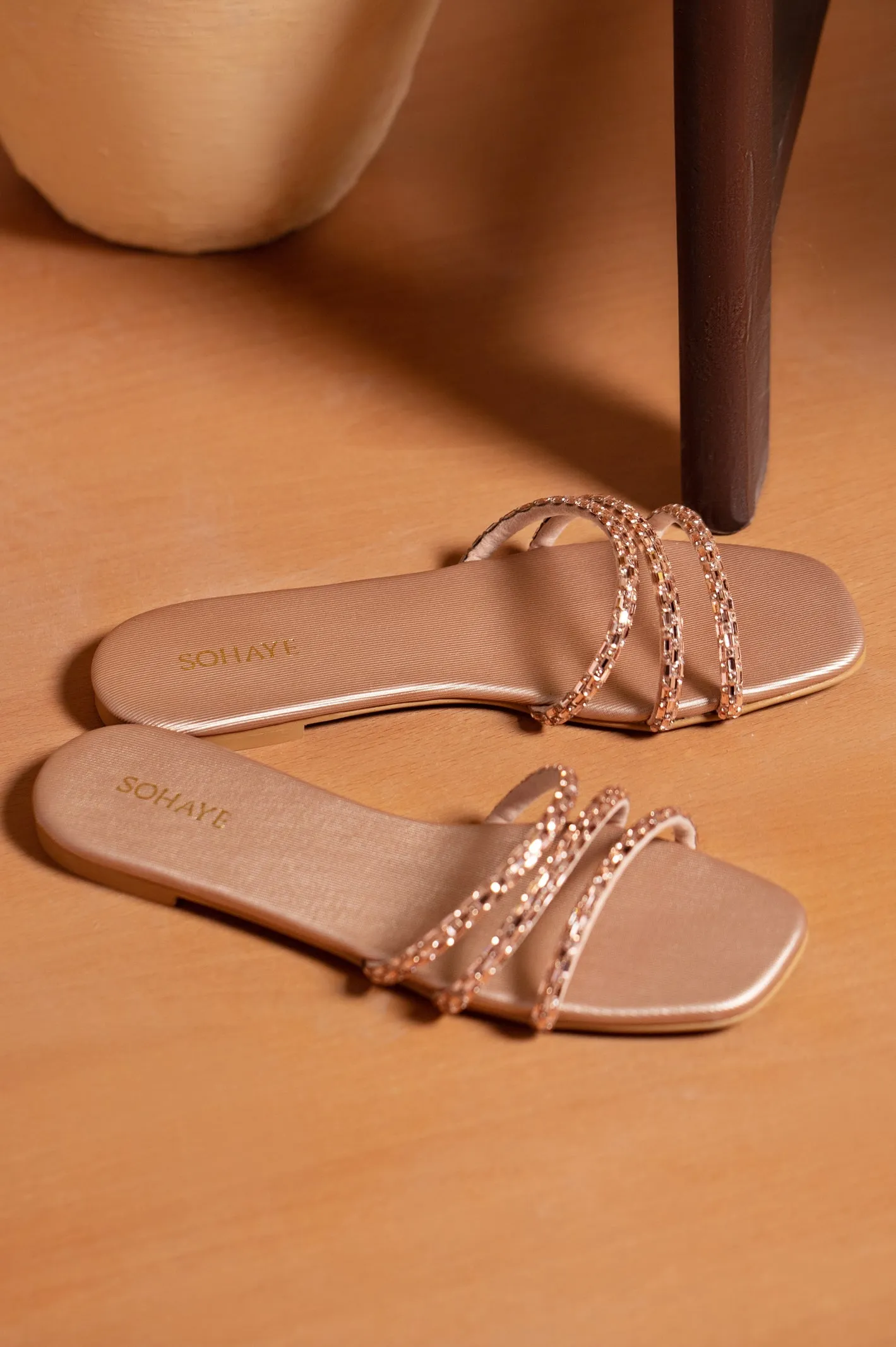 Sohaye Embellished Rose Gold Slides for Women's SKU: FWSL002-PINK