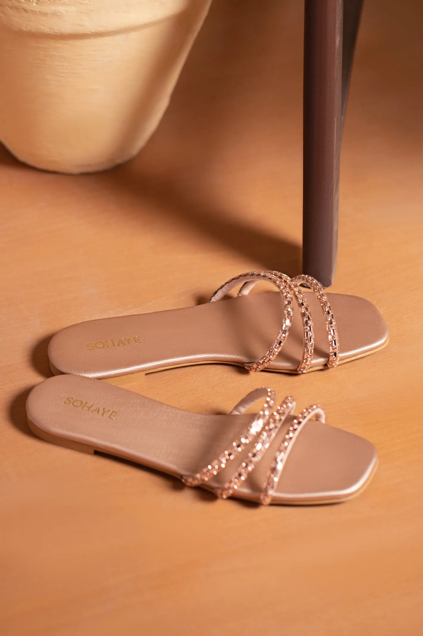 Sohaye Embellished Rose Gold Slides for Women's SKU: FWSL002-PINK