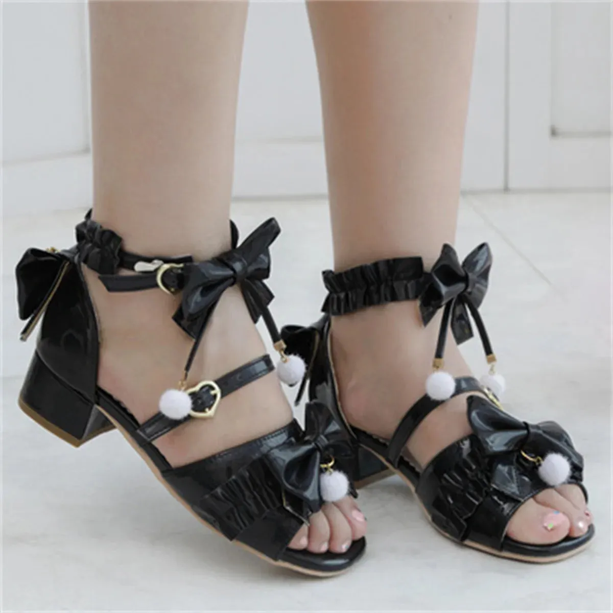 Sohiwoo Japanese Sweet Style Cosplay Lolita Girls Shoes Kawaii Lolita Bare Toes Bow Hair Ball Buckle Straps 3.8cm Low Heel PU Shoes