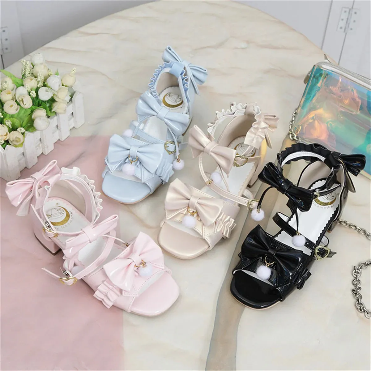 Sohiwoo Japanese Sweet Style Cosplay Lolita Girls Shoes Kawaii Lolita Bare Toes Bow Hair Ball Buckle Straps 3.8cm Low Heel PU Shoes