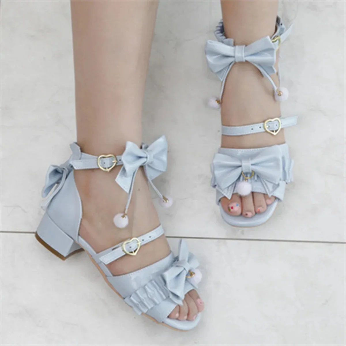 Sohiwoo Japanese Sweet Style Cosplay Lolita Girls Shoes Kawaii Lolita Bare Toes Bow Hair Ball Buckle Straps 3.8cm Low Heel PU Shoes