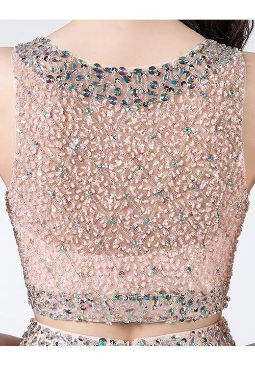 Sparkly Two Piece Homecoming Dresses Short Beaded Tulle Prom Gowns with Sequins UQ2011