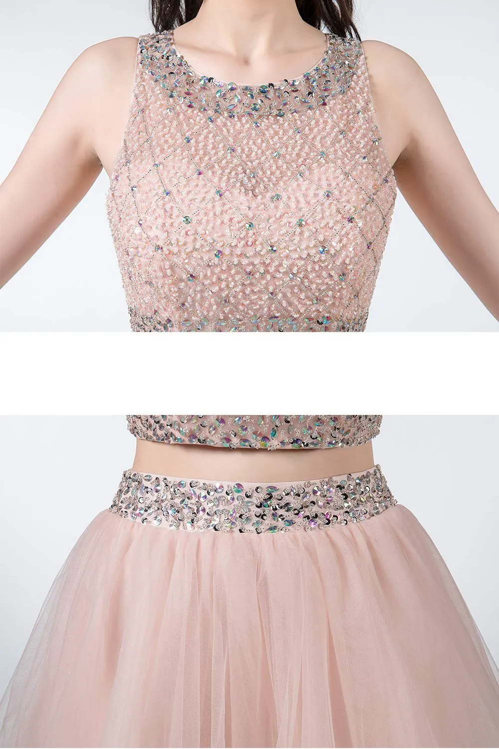 Sparkly Two Piece Homecoming Dresses Short Beaded Tulle Prom Gowns with Sequins UQ2011