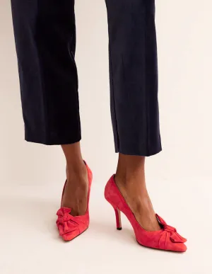 Suede-Bow Heeled Courts-Red Suede