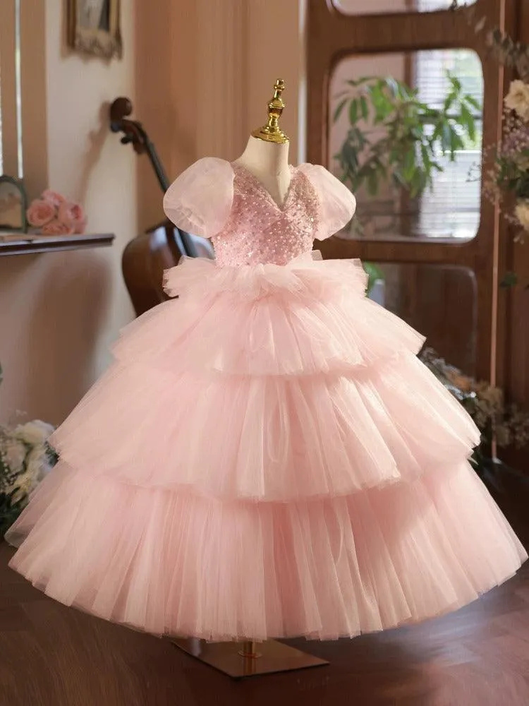 Sweet Princess Dreamy Dress Layered Tulle Beaded Girls' Dress Romantic Pink Puff Sleeve Dress
