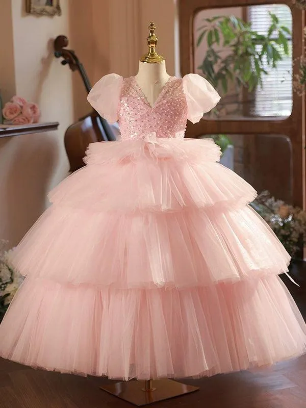 Sweet Princess Dreamy Dress Layered Tulle Beaded Girls' Dress Romantic Pink Puff Sleeve Dress