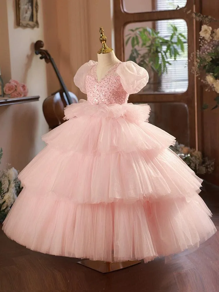 Sweet Princess Dreamy Dress Layered Tulle Beaded Girls' Dress Romantic Pink Puff Sleeve Dress