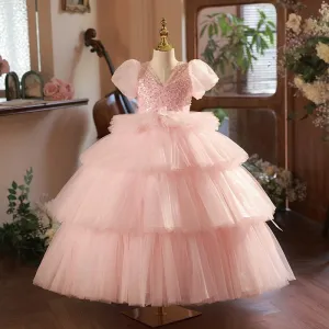 Sweet Princess Dreamy Dress Layered Tulle Beaded Girls' Dress Romantic Pink Puff Sleeve Dress