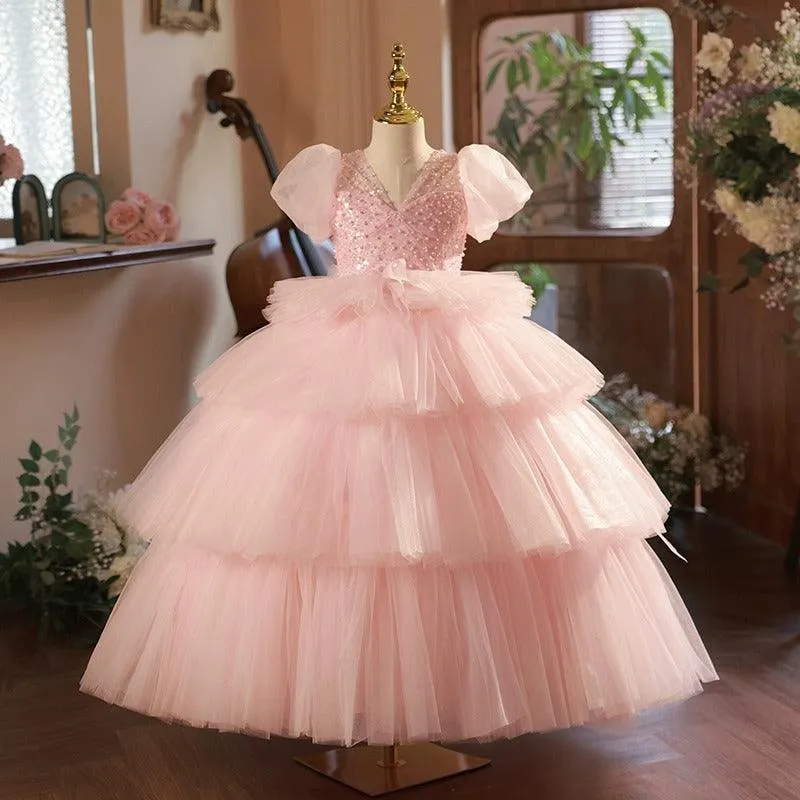Sweet Princess Dreamy Dress Layered Tulle Beaded Girls' Dress Romantic Pink Puff Sleeve Dress