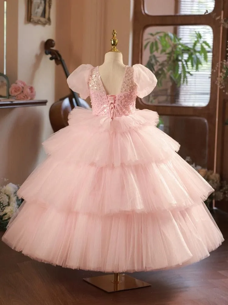 Sweet Princess Dreamy Dress Layered Tulle Beaded Girls' Dress Romantic Pink Puff Sleeve Dress