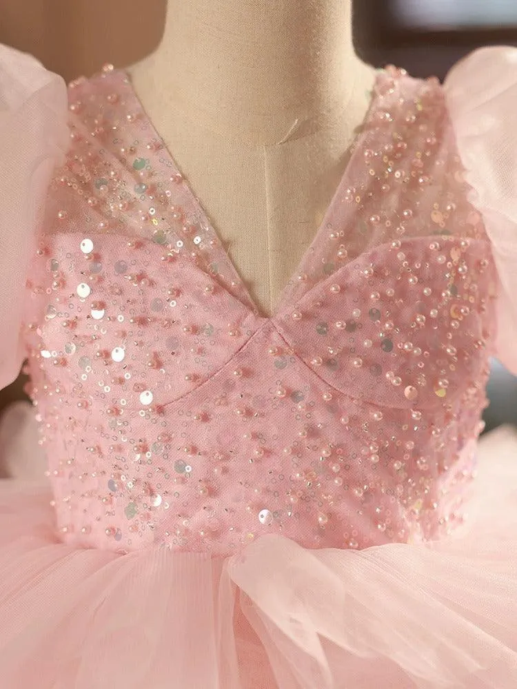 Sweet Princess Dreamy Dress Layered Tulle Beaded Girls' Dress Romantic Pink Puff Sleeve Dress