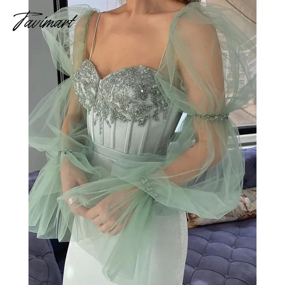 Tavimart Fairy Mint Green Prom Dresses Sheer Long Sleeves Sweetheart Boning Sheath Evening Dresses Beaded Tea-Length Formal Gowns