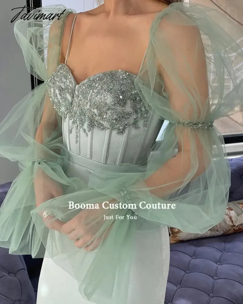 Tavimart Fairy Mint Green Prom Dresses Sheer Long Sleeves Sweetheart Boning Sheath Evening Dresses Beaded Tea-Length Formal Gowns
