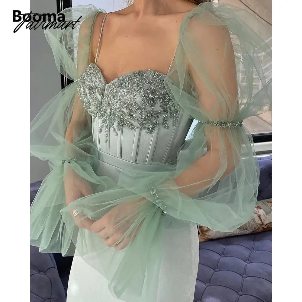 Tavimart Fairy Mint Green Prom Dresses Sheer Long Sleeves Sweetheart Boning Sheath Evening Dresses Beaded Tea-Length Formal Gowns