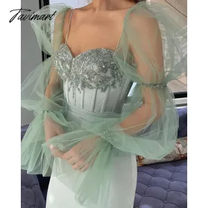 Tavimart Fairy Mint Green Prom Dresses Sheer Long Sleeves Sweetheart Boning Sheath Evening Dresses Beaded Tea-Length Formal Gowns