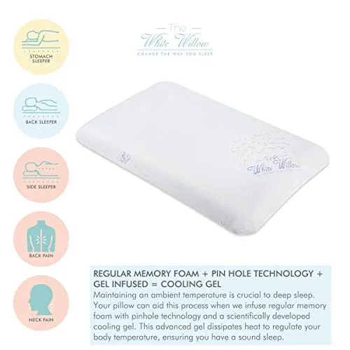 The White Willow Memory Foam Cooling Gel Orthopedic Bed Pillow For Sleeping & Neck Pain Relief Suitable For Back Sleeper, Side Sleeper & Stomach Sleeper With Pillow Cover (22"L x 15"W x 4"H,Multi)