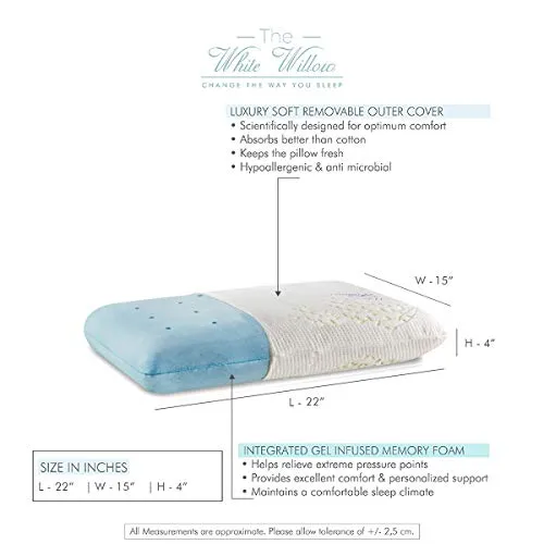 The White Willow Memory Foam Cooling Gel Orthopedic Bed Pillow For Sleeping & Neck Pain Relief Suitable For Back Sleeper, Side Sleeper & Stomach Sleeper With Pillow Cover (22"L x 15"W x 4"H,Multi)