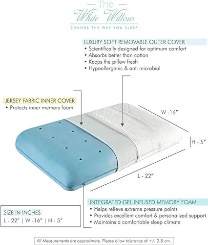 The White Willow Orthopedic Memory Foam Cooling Gel Standard Size Neck & Back Support Sleeping Bed Pillow with Removable Zipper Cover (22" L x 16" W x 5" H) -White