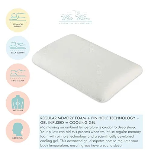 The White Willow Orthopedic Memory Foam Cooling Gel Standard Size Neck & Back Support Sleeping Bed Pillow with Removable Zipper Cover (22" L x 16" W x 5" H) -White