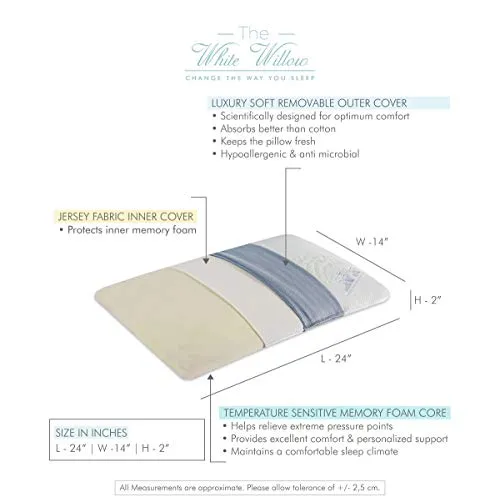 The White Willow Orthopedic Memory Foam Ultra Slim Sleeping Bed Pillow Designed for Back, Stomach and Side Sleeper with Removable Cover (24"L x 14" W x 2") Multi