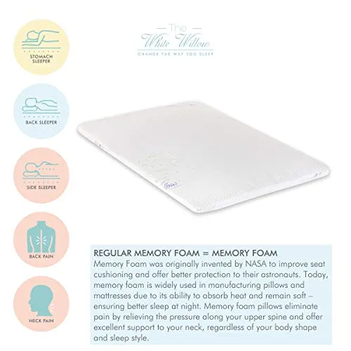 The White Willow Orthopedic Memory Foam Ultra Slim Sleeping Bed Pillow Designed for Back, Stomach and Side Sleeper with Removable Cover (24"L x 14" W x 2") Multi
