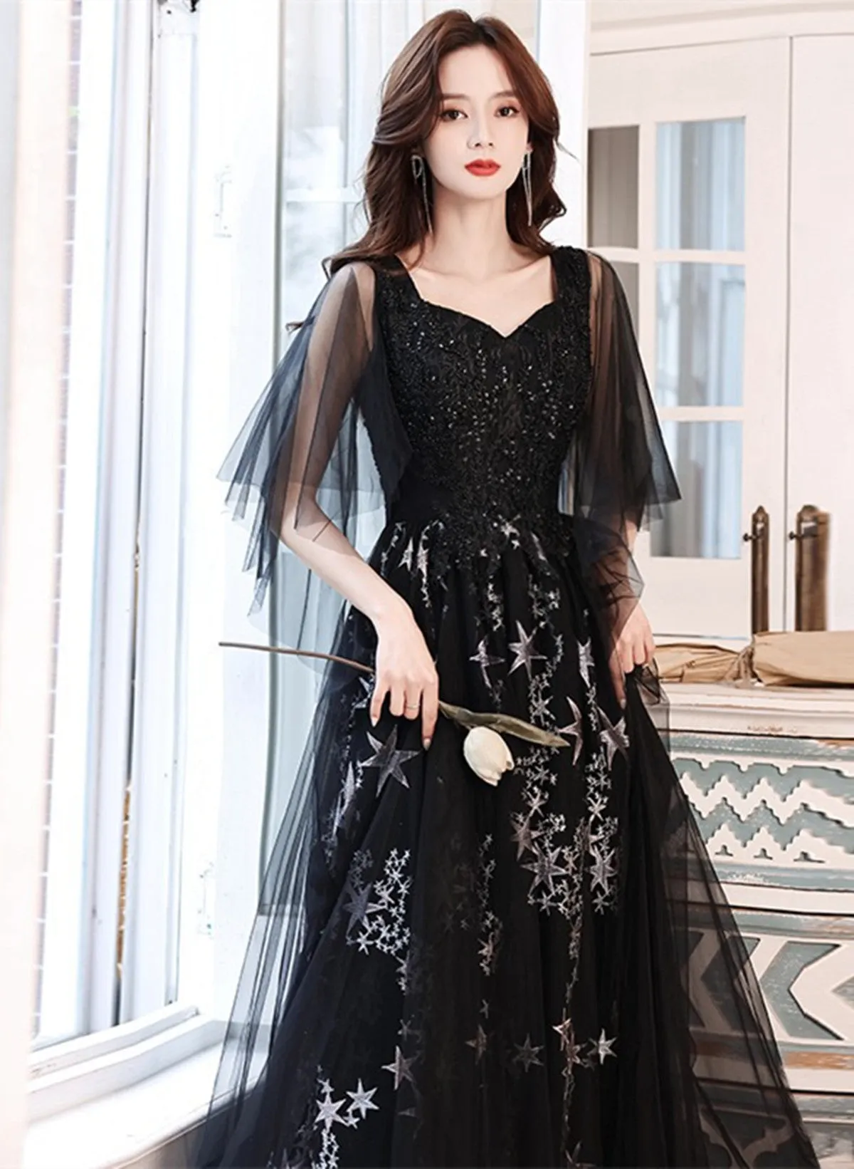 Uniwim Black Beaded Straps A-line Floor Length Party Dress, Black Tulle Long Prom Dress