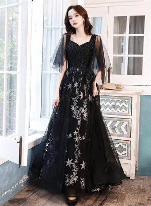 Uniwim Black Beaded Straps A-line Floor Length Party Dress, Black Tulle Long Prom Dress