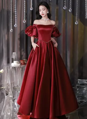Uniwim Wine Red Satin Beaded Chic Long Party Dress, Wine Red Puffy Sleeves Prom Dress