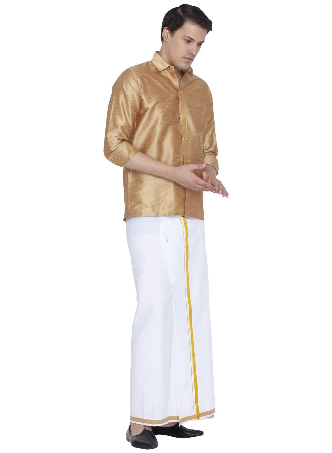 VASTRAMAY Men's Gold Cotton Silk Blend Shirt and Dhoti Set