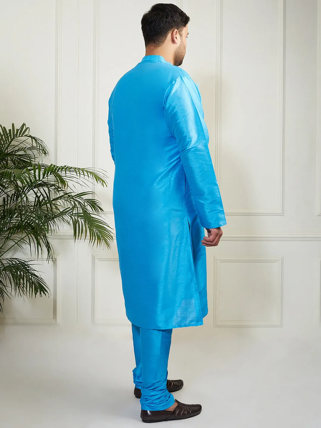 Vastramay Plus Men's Aqua Silk Blend Kurta Pyjama Set
