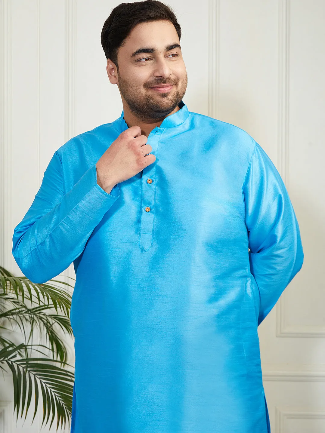 Vastramay Plus Men's Aqua Silk Blend Kurta Pyjama Set