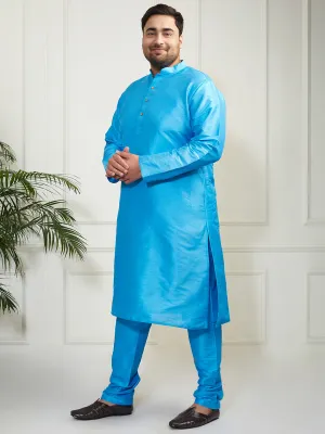 Vastramay Plus Men's Aqua Silk Blend Kurta Pyjama Set