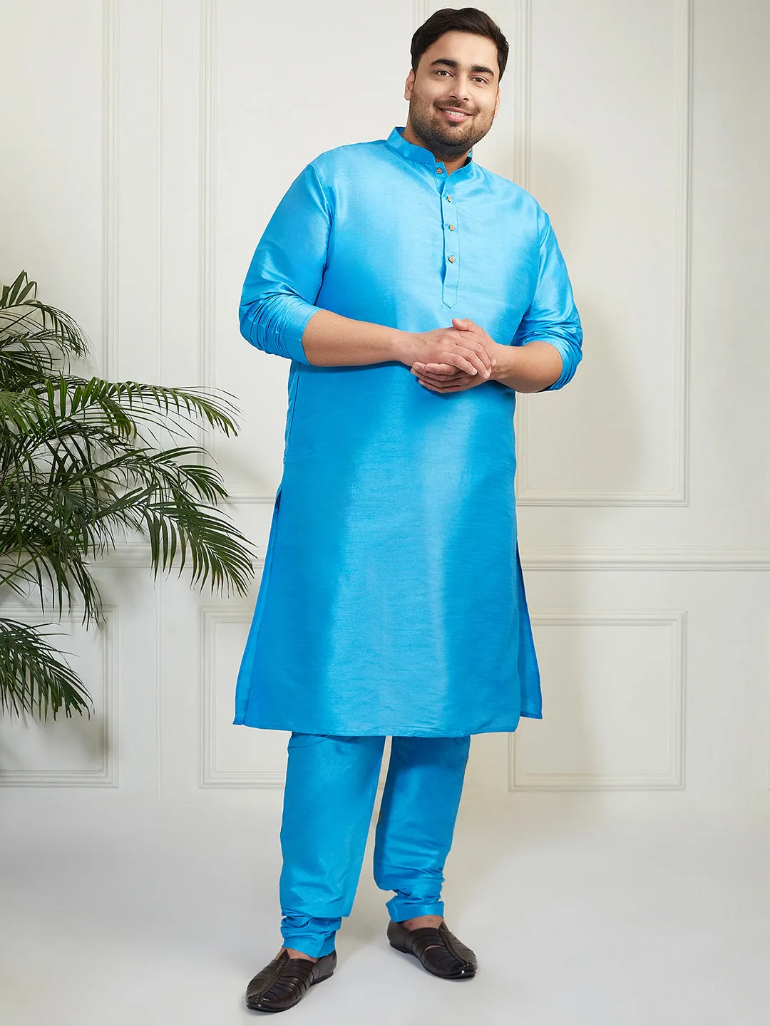 Vastramay Plus Men's Aqua Silk Blend Kurta Pyjama Set