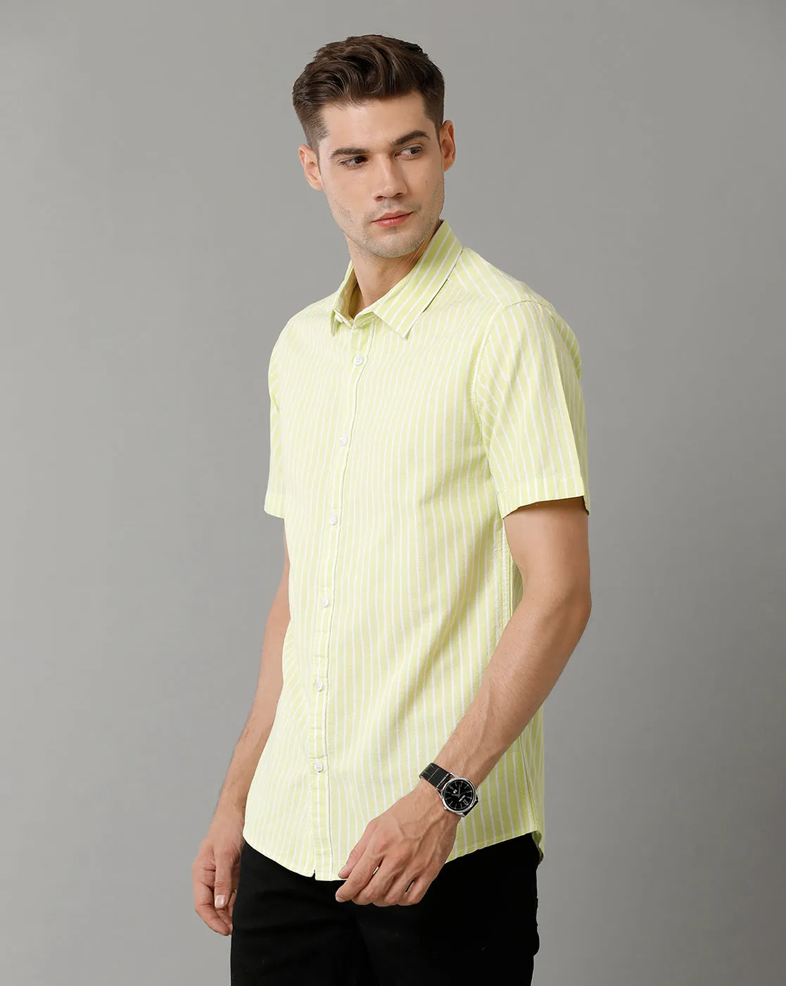 Voi Jeans Mens Yellow Stripe Slim Fit Shirt