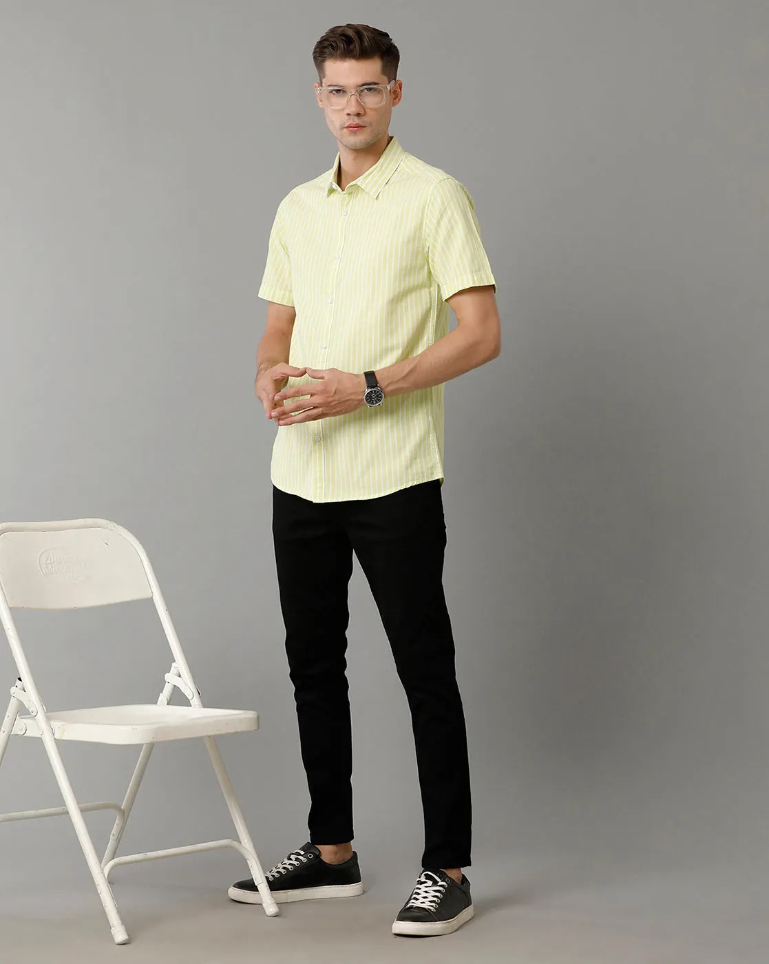 Voi Jeans Mens Yellow Stripe Slim Fit Shirt