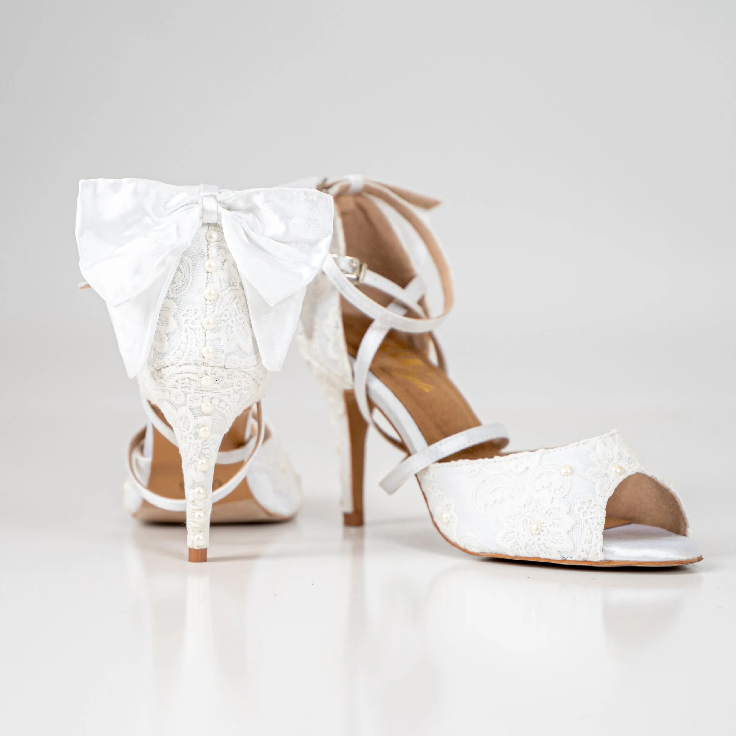 White Pearl Bow Tie Wedding Dance Shoes (Custom Only)