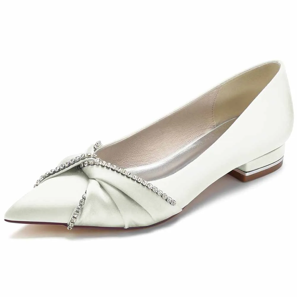 Women Wedding Flat Satin Bridal Shoes with Beaded Bow