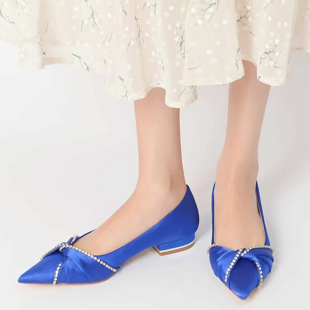 Women Wedding Flat Satin Bridal Shoes with Beaded Bow