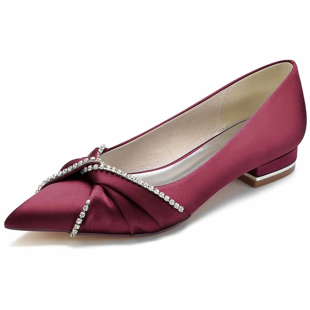 Women Wedding Flat Satin Bridal Shoes with Beaded Bow