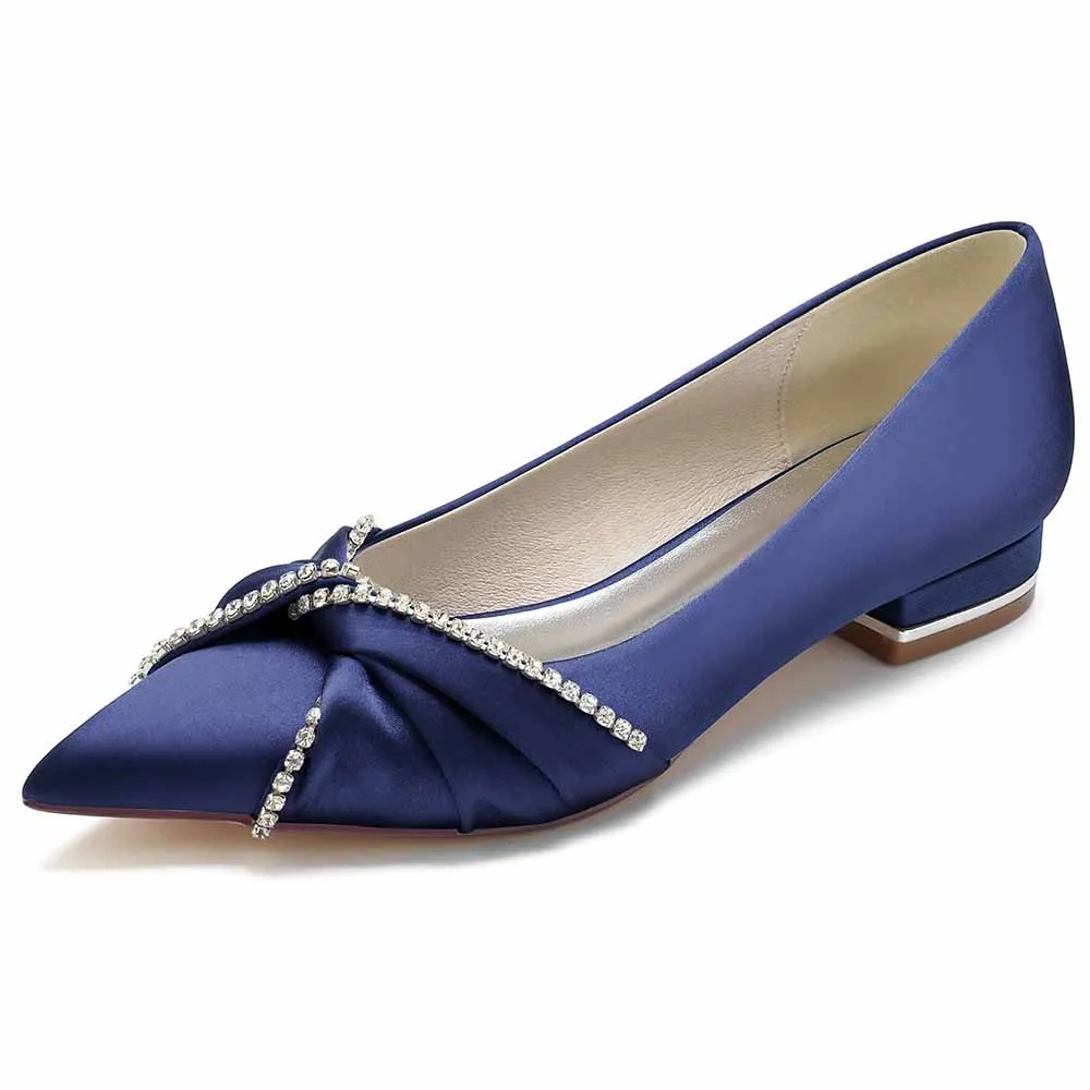 Women Wedding Flat Satin Bridal Shoes with Beaded Bow