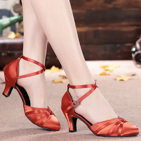 Women's Satin Dance Shoes Closed Pointed Toe Latin Ballroom Salsa Dancing Shoes For Girls closed toe latin dance shoes 6403